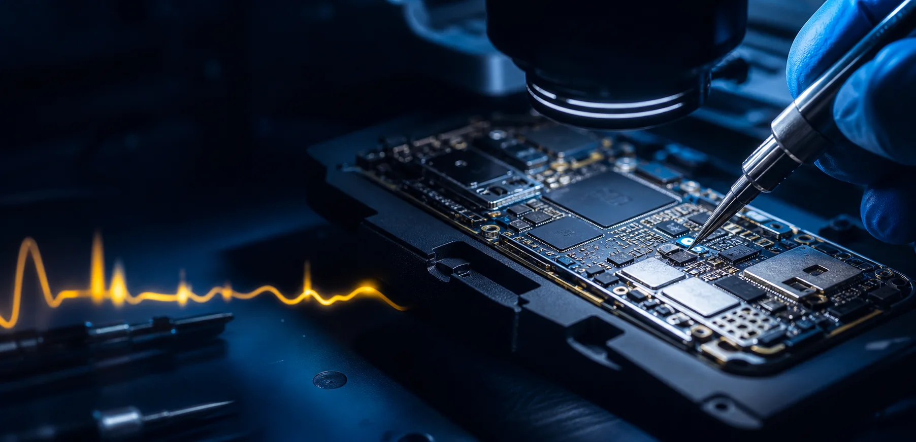 Trabajo técnico de microsoldadura en una placa electrónica